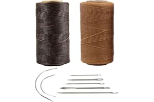 Nsiwem Hilo Encerado para Cuero 2 piezas Cordón de Hilo Encerado 260M 150D 1mm Hilo de Costura para Cuero Hilo de Cuero para Coser a Mano con 7 pcs Agujas para DIY Artesanía de Cuero
