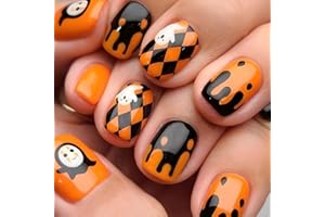 Krótkie sztuczne paznokcie MouyouGlow, kwadratowy Halloween duch dusza duch noface w kratkę straszny horror urocza kreskówka prasa do paznokci z klejem do paznokci, czarny pomarańczowy sztuczne