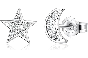 Deyanse Srebrne kolczyki na sztyfcie dla kobiet, srebro wysokiej próby 925, gwiazdy, księżyc, serce, kolczyki, hipoalergiczne, płaskie kolczyki z cyrkonią, małe 8 mm do spania z pudełkiem na prezent