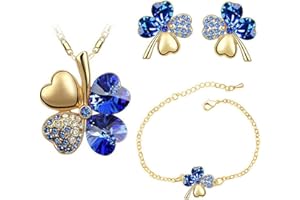 Auriselle Señoras Joyería Set Trébol de Cuatro Hojas de la Suerte Pendientes Collar Pulsera 3 Piezas Mujeres Joyería con Zirconia Cúbico Regalos de Boda para Damas