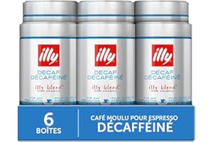 illy, Cafè Moulu pour Espresso Torréfié DÉCAFÉINÉ, 100% Arabica avec des Notes de Caramel, de Chocolat et de Pain Grillé, Sans Caféine, Saveur Équilibrée, Paquet de 6 Boîtes (6x250g)