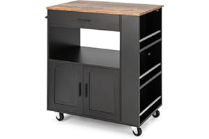 COSTWAY Kitchen Storage Trolley, Rolling Serving Island Cart with Towel Bar, 3 Spice Racks, Drawer, Open Shelf, 2-Door Cabinet & Lockable Wheels, 82x50x92cm Utility Organiser Cabinet (Black Body)