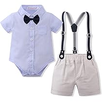 Suealasg 3Pcs Baby Boy Gentleman Outfits Long Sleeve Lapel Neck Stripe Print Romper Suspender Pants Bow Tie Set 3 6 12 18 24 Months Infant Boy Gentleman Clothes
