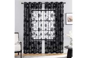 Treatmentex Cortinas Traslúsidas Florales de Encaje de Visillos Sala para Ventana de Dormitorio, Moderno Decorativos Suaves, con 8 Ojales 2 Piezas, Negro,140X245CM