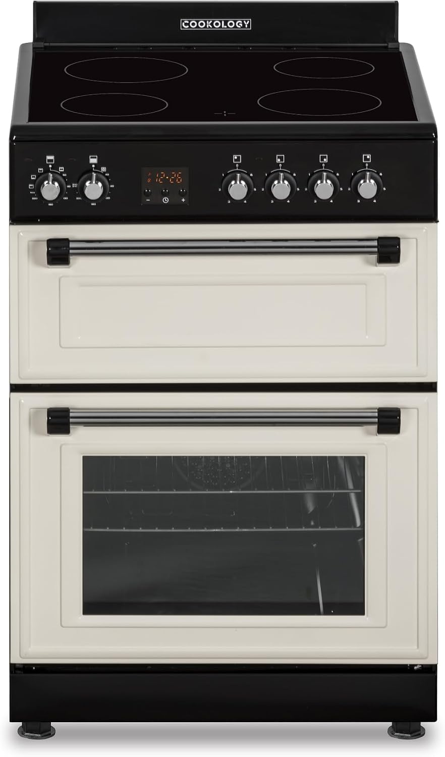 Cookology RETDO600CRM Freestanding Retro Electric Single Cooker Fan Oven in Cream - 94 Litre Capacity - 60cm Wide - Cooker Fan Oven - Ceramic Top - 4 Cooking Zone Hob