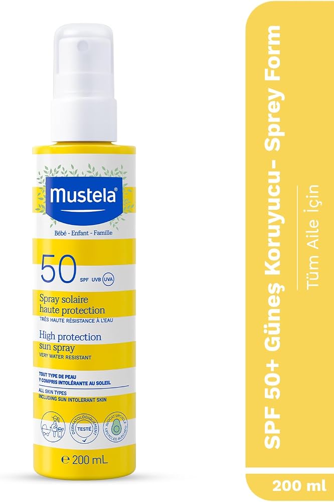 Mustela SPF 50+ Yüksek Koruma Yüz Vücut Güneş Sprey Suya Dayanıklı Tüm Ciltler ve Aile İçin 200 Ml