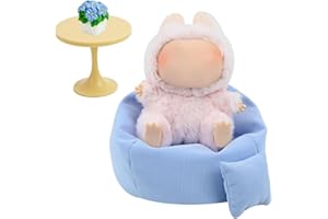SDIDVIEXPERT Mini Bean Bag Chair for Labubu 15-17cm Dolls Seat Soft Cute Sofa with Pillow Table, and Plant Labubu Accessories Furniture Decoration for fans Collectors Blue