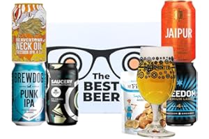 BEER HUNTER Best of British Craft Beer Gift Pack Set with Branded Glass and Beer Snacks (5 x 330ml Cans) - Brewdog, Beavertown, Magic Rock, First Chop, Northern Monk - Gifts For Him, For Her, Christmas, Birthdays