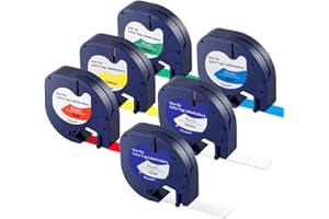 ABSOFINE 6Pcs LetraTag Label Plastic Colorful, 12 mm x 4 m Roll, Black on Transparent/White/Yellow/Red/Blue/Green, Replacement Label Tape