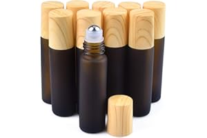 Enenes Ätherische Öle Roller Flaschen 10 Stück 10ml Anti-UV Roller Schwarzglasflaschen mit Holzdeckel & Edelstahl-Roller Ball(Braun)