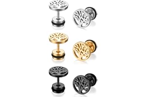JewelryWe Schmuck Baum des Lebens Ohrstecker, Edelstahl Lebensbaum Runde Kreis Ohrringe für Herren Damen Tunnel Plug Ohrpiercing Barbell Stud Silber/Gold/Schwarz