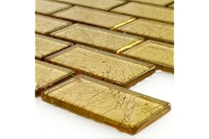 MOSAFIL Glasmosaik Fliesen Matte Brick Gold Bad Küche Wand Dusche Fliesenspiegel WC