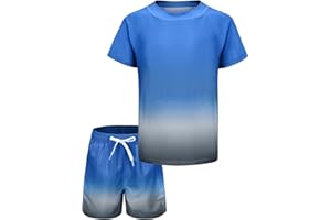 AISYEE Boys Rash Vest Kids Two Piece Swimming Costume with Board Shorts Short Sleeve Boys Swimsuit Set Age 5-16 Years