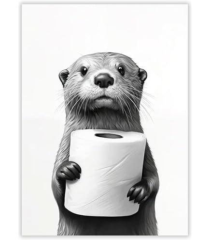 thumbnail: 3-Delige Zwart-Wit Otter Badkamer Decoratie - Grappige Canvas Wanddecoratie Toilet 20x30 Cm Zonder Frame