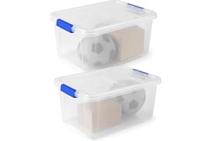 ForenTex Caja Almacenaje Plástico 25L con Tapa y Cierres (N2, 2 Ud) – Transparente, Apilable, para Zapatos, Libros, Juguetes y Utensilios de Cocina