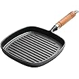 HomeEssentials Cast Iron Grill Pan - 22cm Striped Steak Grill Pan with Wooden Handle/Induction Friendly/Cast Iron Pan for Home Use, Thick and Pure, 100% Non Toxic (22cm Grill Pan)
