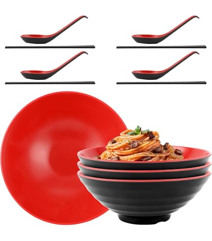 4-teiliges Melamin Ramen Schüssel Set – Schwarz, Je 40 Oz (1,2 L), 8 Zoll, Bruchsicher, Ideal Für Nudeln, Salat & Outdoor