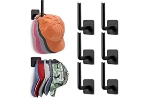 GJNMYSD 6 Pack Hat Hooks,Multi-Purpose Hat Organizer,Strong Adhesive Hat Racks for Wall & Door Baseball Cap Holder, Closet & Storage Organiser, Strong Cap Hanger for Room & Mancave, No Drilling (Black)