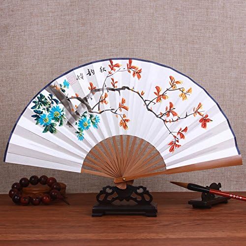 GUYOUYY Fan/7 inch/men's hand-painted rice paper fan/ancient white folding fan/Chinese style classical calligraphy painting gifts,9.2 inch autumn figure