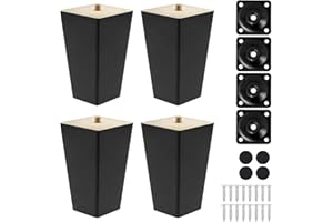 Knpwer 4 Pcs Pieds De Meuble en Bois, 10cm Pieds de Table en Bois Massif,Pieds de Meubles de Remplacement avec Vis de Plaque de Montage et Protecteur Antidérapant