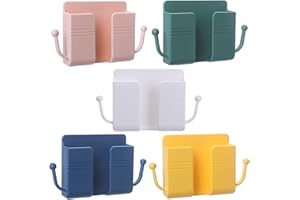 Grospe 5 Pack Colourful Wall Mount Phone Holder with Hook 3M Adhesive Remote Control Holder Wall Mounted Multipurpose Storage Box for Bedroom Kitchen Bathroom Office