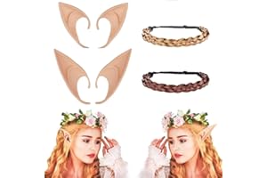 DAIRF Elfenohren 2 Paar Latex Hobbit Spitze Ohren und 2 Zöpfe Anime Halloween Weihnachtsfeier Maskerade Dekoration