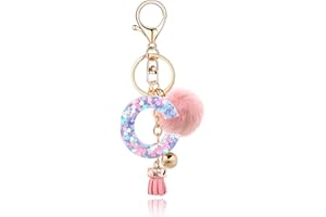 QUKE Alphabet Initial Letter Keychain for Women Girls Resin Keyring for Purse School Bag With Fur Ball Pom