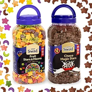 Swad Choco Magic Stars & Fruit Stars N Moons | Multigrain Chocos Froot Loop Breakfast Cereal | 2 Jars, 650g