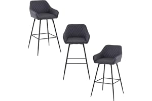 AINPECCA Set of 3 Bar stools Faux Leather Upholstered seat with Backrest & Armrest Black Metal Legs Kitchen Breakfast Counter Chairs (Dark grey PU, 3 pcs)