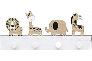 CAROUSEL HOME Porte-manteau mural en bois pour enfants en forme d'animal de safari | Crochets muraux décoratifs pour chambre d'enfant | 4 crochets muraux d'animaux de la jungle pour enfants