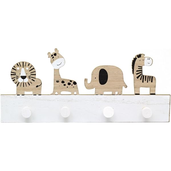 Porte-Manteau Mural Enfant 4 Crochets Animaux Sauvages - Déco Chambre Enfant 40x18cm Pour Veste Et Sac