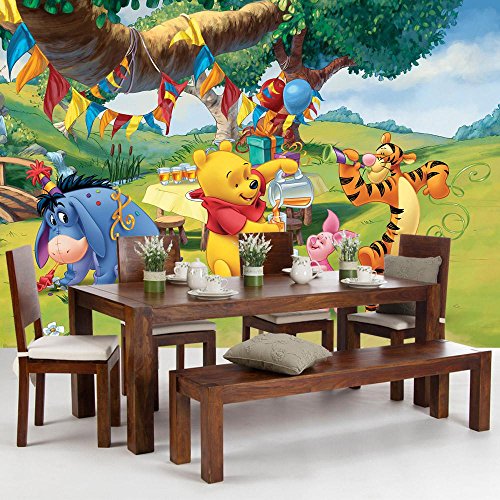 Vlies Fototapete PREMIUM PLUS Wand Foto Tapete Wand Bild Vliestapete – Kindertapete Cartoon Bär Tiger Esel Winnie Pooh Tigger Ferkel Ballon Geburtstag Baum Wiese – no. 922, Größe: 368 x 254 cm Vlies - 9
