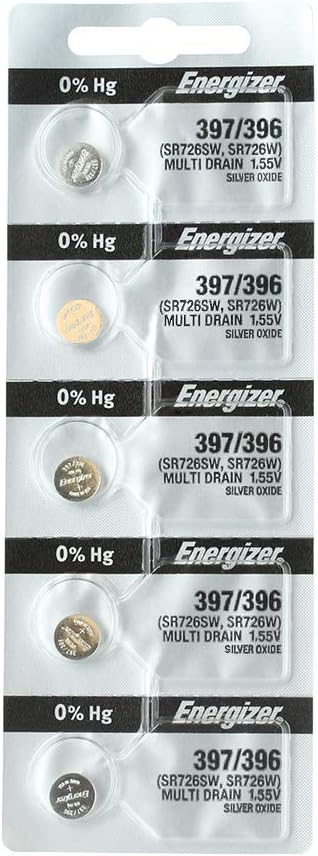 Energizer 397 / 396 (SR726SW, SR726W) Silver Oxide Watch Battery. On Tear Strip
