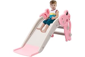 YULEYU Toddler Slide Indoor, Baby Slide with Basketball Hoop and Ball, FreeStanding Toddler First Slide Playset (Dinosaur) (Pink)