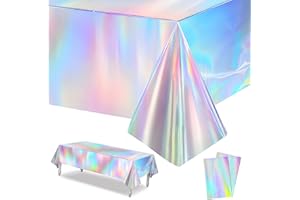 LHLZNB 54 x 108 Inch Iridescent Plastic Tablecloths Rainbow Laser Table Covers, Shiny Table Cloth Holographic Foil for Outdoor Picnic Wedding Birthday Party Table Decorations (2)