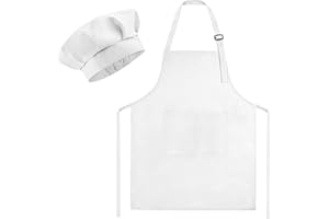 Morcheiong Kids Chef Hat and Apron Set, Adjustable Children's Painting Apron and Chef Hat with 2 Large Pocket for Kids Cooking Painting Baking Activity