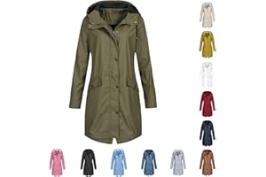 DABAOK Womens Rain Coat Women's Solid Color Rain Jacket Outdoor Hoodie Waterproof Long Coat Overcoat Windproof Activewear