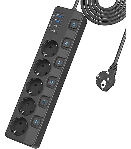 YANGUN Steckdosenleiste 4-fach Schaltbar - Mit USB Und Type C, 2m Kabel, Wandmontage