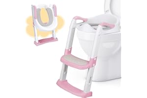 DEANIC Riduttore WC Bambini con Scaletta, Scaletta WC per Bambini Pieghevole, Adattatore wc per Bambini Cuscino morbido PU, Applicabile All'altezza Della Toilette 38-47cm (Rosa)