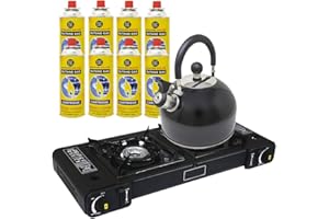 BARGAINS-GALORE 3 in 1 Camping Starter Kit - Double Gas Stove, 8 Gas Bottles & 2.5l Kettle | Premium Burner, Automatic Ignition & Heat Control | Suitable for Cooking, Fishing, Camping & Hiking | Lightweight