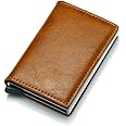Moo-Shiner Credit Card Holder RFID Blocking Leather Automatic Pop Up Wallet Aluminum Slim Pocket Bifold Business Card Case (Brown)