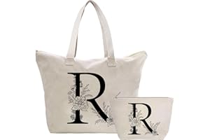 TOOZEN Personalizzata Iniziali Borsa Tote in Tela Donna, Cotone Tote Bag Borsa Shopper e Cosmetica Borsa, Idea Regali per Amica, Collega, Mamma, Regalo di Compleanni, Nozze, Natale R