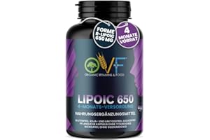 PARAFARMACIA, ORGANIC VITAMINS & FOOD OVF Alpha Acide lipoïque 650 mg 120 gélules, 4 mois de stockage, acide lipoïque R Alpha Hautement dosé, sans dioxyde de silicium, 100 % fabriqué en Italie et végétalien