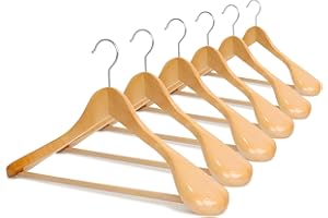 ManGotree Wooden Suit Hangers, Heavy Duty Clothes Hangers, Wide Shoulder Wooden Hangers with Non-Slip Hanging Bar, Solid Wood Coat Hangers for Dresses, Jackets, Pants, Coats, 6 Pack (Natural)