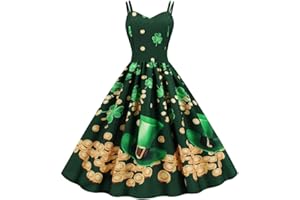 ARESTORY Womens St Patricks Day Fancy Dress GreenClover Shamrock Dress Irish Lady Luscious Leprechaun Costume Casual Evening Party Prom Swing Dress Vintage Dresses Rockabilly Halter Skirt 41 Colors Gift