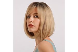 HAIRCUBE Raíz negra con pelo rubio hermoso ombre corto Bob Pelucas con flequillo sintético resistente al calor 12 pulgadas Pelucas para mujeres