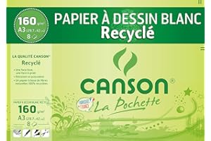 CANSON - Pochette 8 feuilles de papier dessin recyclé A3 - 160 g/m² - Blanc