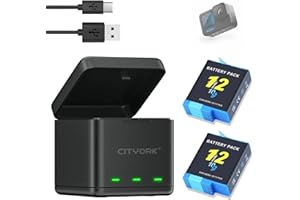 CITYORK Kit de cargador de batería (2 unidades), para GoPro Hero 12 Hero 11/10/9 negro, con cable USB y ranuras de triple canal tipo C, caja de almacenamiento de batería con indicador LED (1 cargador