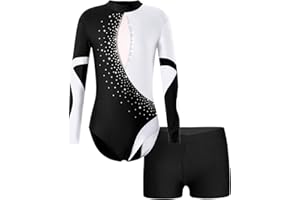 ranrann Enfant Fille Justaucorps Gymnastique Strass Brillant avec Short Costume Danse Gym Spectacle 5-14 Ans