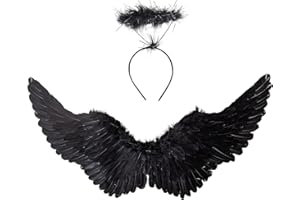Winwild 75CM Engelsflügel Schwarz mit Heiligenschein Erwachsene Engel Flügel Damen Engel Teufel Feen Kostüm Accessoires für Halloween Karneval Cosplay Party Fasching Verkleidung